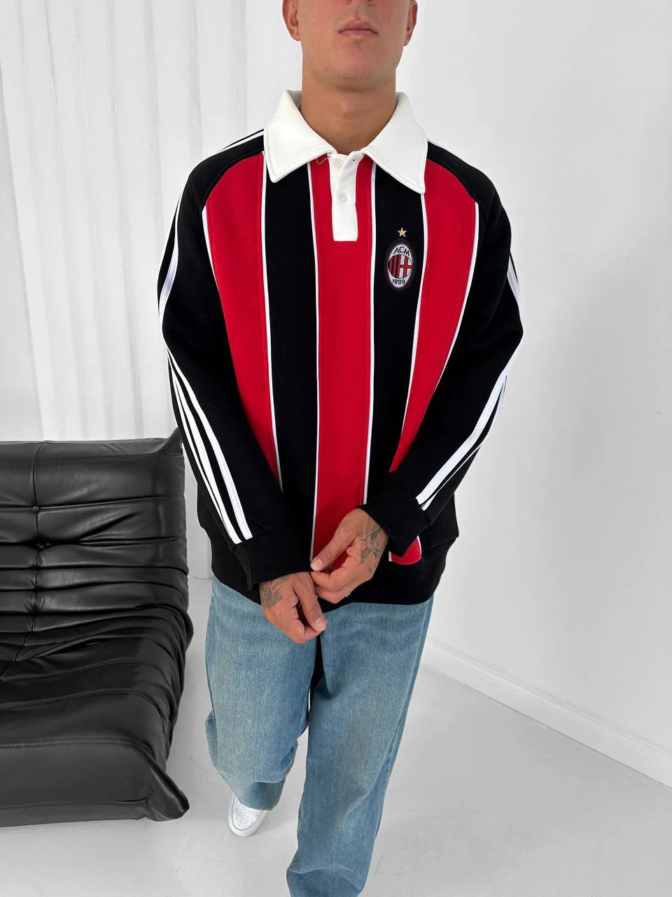 AC Milan Retro Padded Stripe Polo Sweatshirt